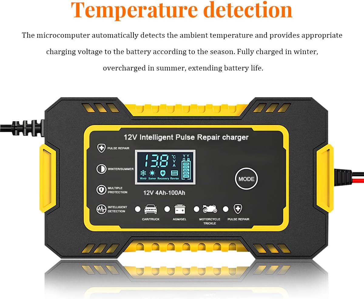 Car Battery Charger, 12V Automatic Smart Vehicle Battery Trickle Charger with Overcharge Protection & Temperature Compensation, Automotive Power Maintainer Desulfator, Universal Fit (Yellow)