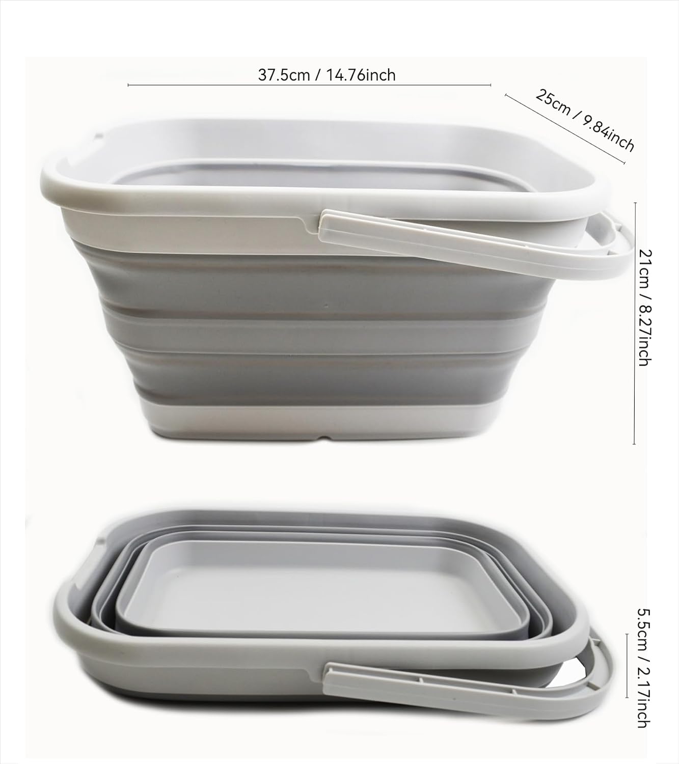 SAMMART 12L (3.17 Gallon) Collapsible Rectangular Handy Bucket, Mop Bucket for Window Cleaning, Foldable Tub with Handle for Car Washing, Space Saving Portable Plastic Organizer for Storage (1, Grey)
