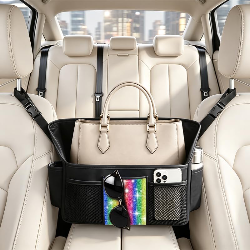 Color Diamond Car Handbag Holder Between Seats Bling Rhinestone Car Storage Bag Large Capacity Purse Phone Automotive Consoles Organizer Safe Barrier of Backseat Pet Kids…