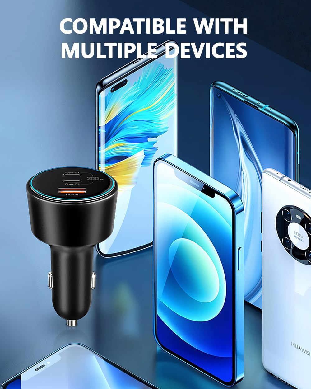 200W USB C Car Charger, 2 Port 100W Type-C Charger with 2 100W USB C Cable