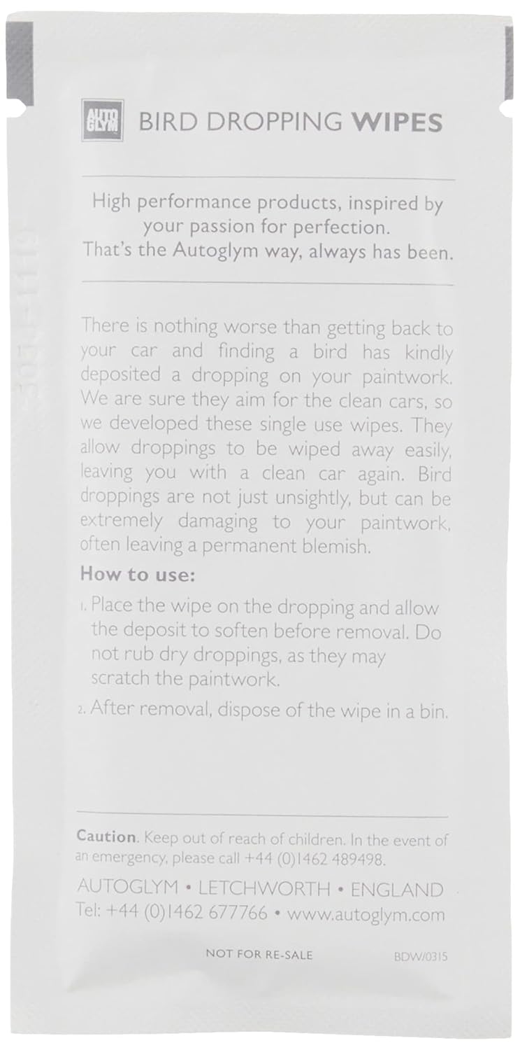 Autoglym Bird Dropping Wipes, x10 - Car Cleaning Wipes Offer A Quick, Clean Fix for A Mucky Job
