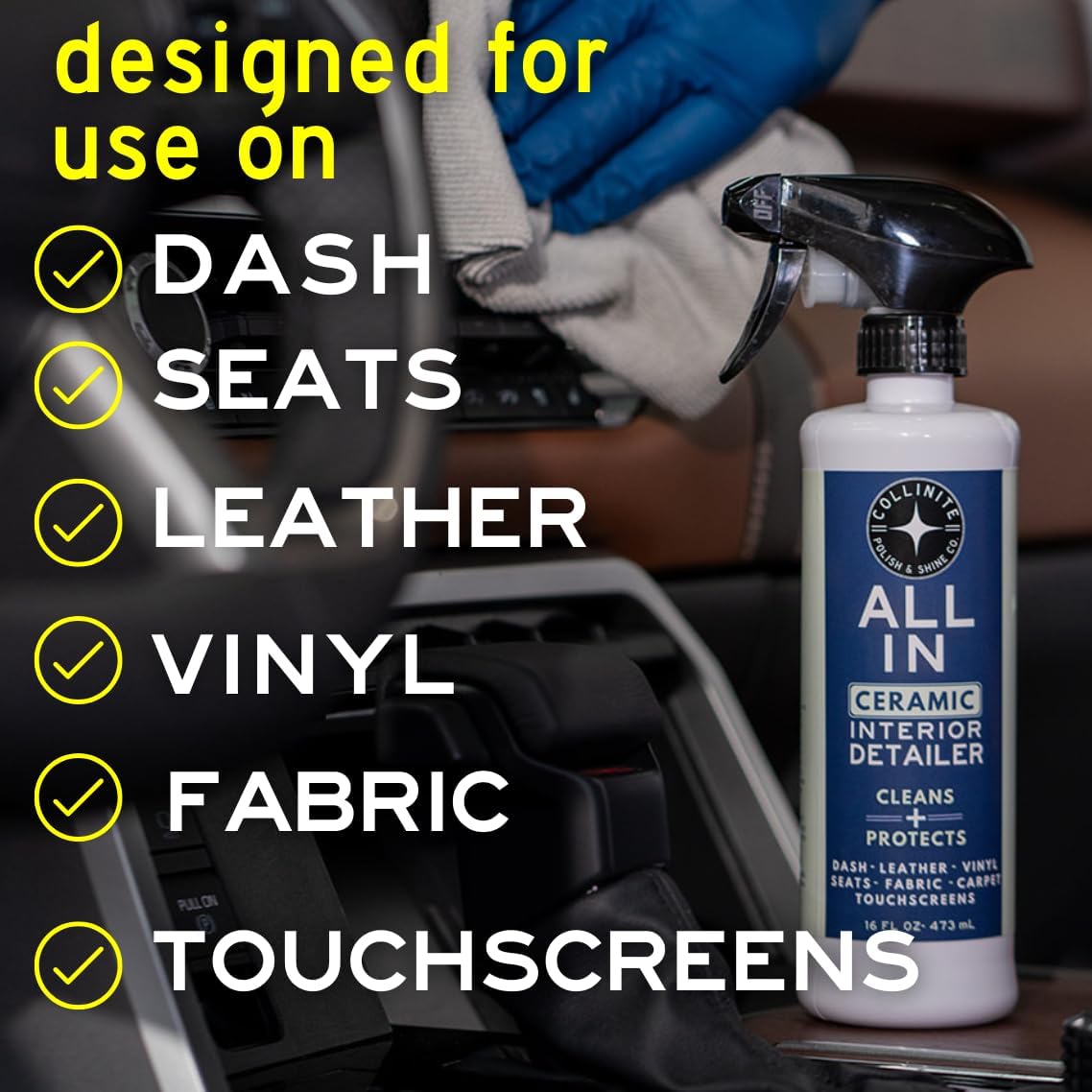 Collinite No. 21 All-In Universal Ceramic Interior Detailer – Easy Spray & Wipe Cleaner + SiO2 UV Protection for Leather, Vinyl, Rubber, Plastic, Fabric & Screens – Fresh Scent – For Cars, Boats, RVs