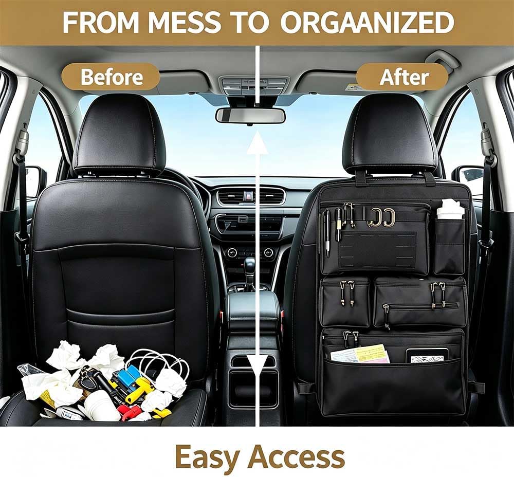 Heavy Duty Tactical Car Seat Back Organizer, Seat Back Protector with Multi Storage Pockets, All-in-One Behind Seat Storage Bag for Car, Organize Tools, Camping Gear, Travel Essentials (Black)