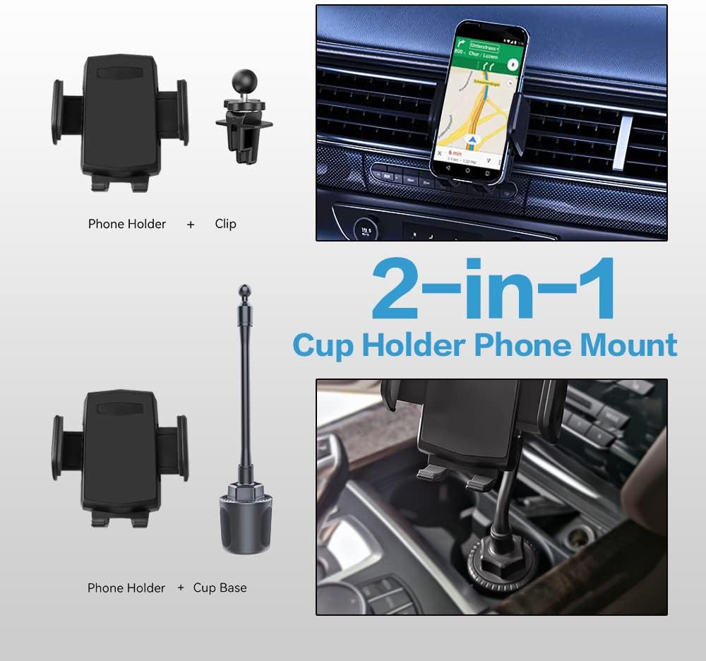 2-in-1 Cup Holder Phone Mount, Universal Adjustable Gooseneck Cup Holder, 360 Rotation, One-Button Release, Fits 4"-7" Phones