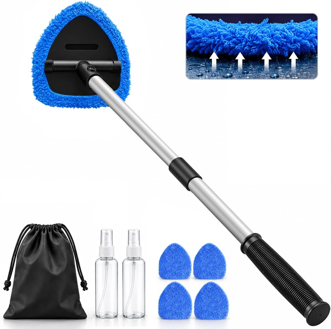 25.5" Extra-Long Reach – Super Absorbent Coral Velvet Windshield Cleaner Tool, Streak-Free Windshield Cleaning Tool Kit with 5 Pads, 2 Spray Bottles & Storage Bag for Auto Glass & Home Windows, Gray
