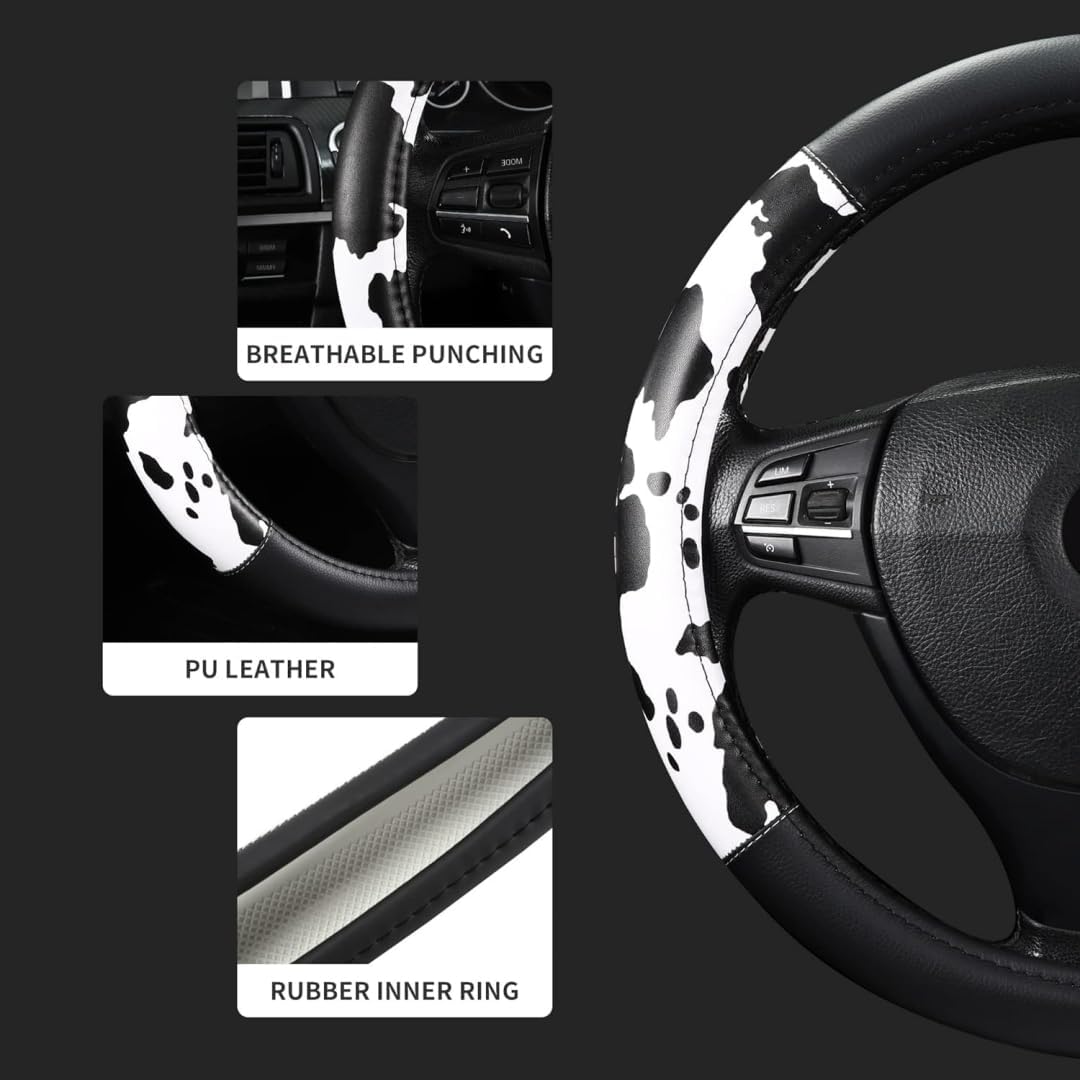 Cow Print Steering Wheel Cover, Universal 15 Inch Cute Steering Wheel Cover for Women, Breathable Anti-Slip Car Steering Wheel Protector, Fashion Auto Interior Accessories for Cars, SUVs & Trucks