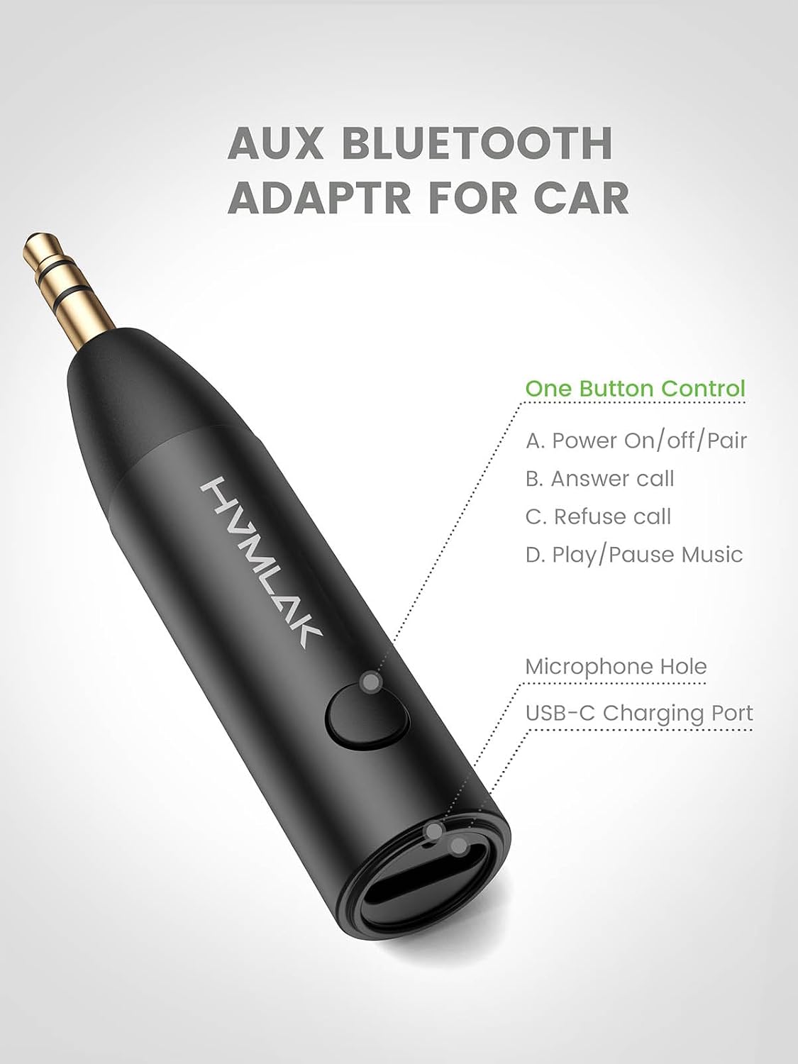 HVMLAK Link280 Car Bluetooth 5.4 Aux Adapter 3.5mm Jack Receiver, 1 Pack