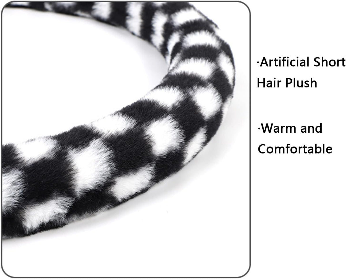 Black and White Checkered Fuzzy Steering Wheel Cover for Women, Universal Auto Steering Wheel 14-15 Inch Soft Warm Car Interior Accessories with 2PCS Car Coasters, Suitable for Men and Women