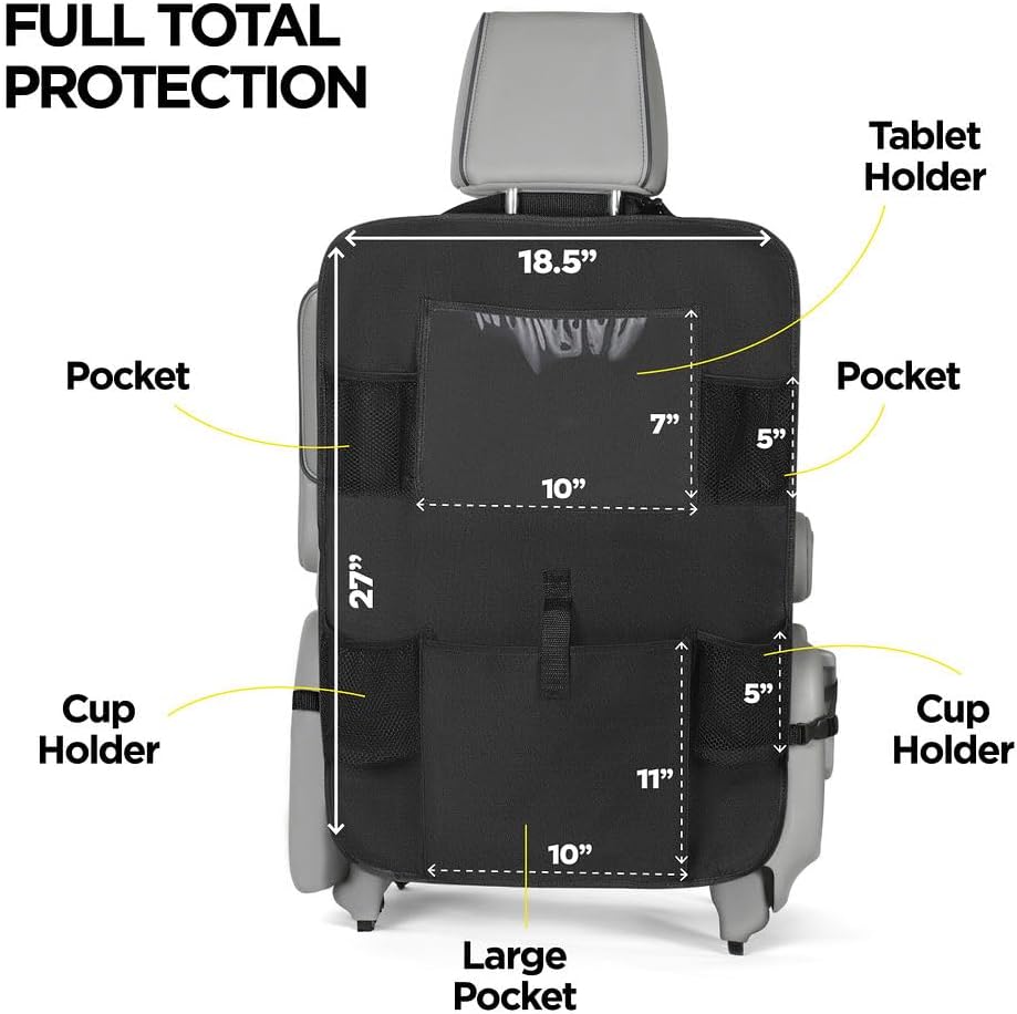 lebogner Back Seat Cover for Kids + 6 Pocket Storage Organizer, 2 Pack X-Large Kick Mats Backseat Protector with iPad Tablet Holder, Car Seat Back Protectors for Vehicles to Protect from Dirt & Mud