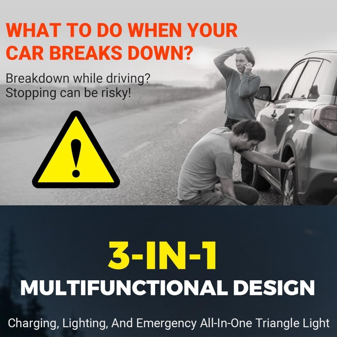 3-in-1 Solar Emergency Triangle Warning Light at the Roadside, USB Rechargeable Led Road Flares Power Bank, Waterproof Safety Triangle, with 4 Flash Modes for Car Truck Roadside (1PCS)