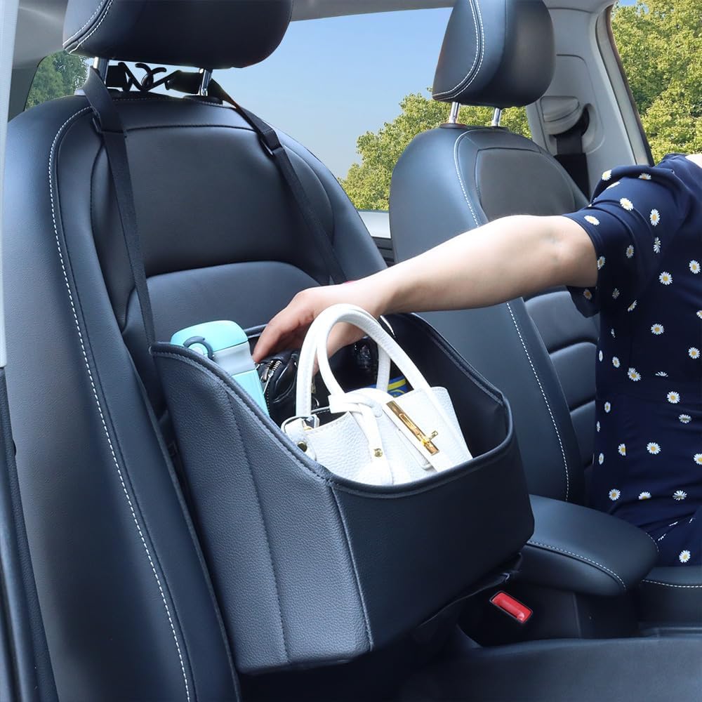 Viaviat Car Handbag Purse Holder Between Seats Leather Car Front Seat Storage Bag Large Capacity Car Organizers for Book Document Phone Bottle Tissue Toy (Black Style-1)