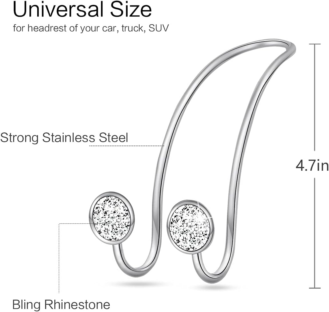 4 Pack Bling Car Hooks - Universal Car Headrest Hooks, Stainless Steel Car Seat Hooks for Women Bags & Purses (Silvery)