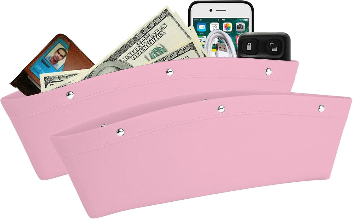 lebogner Between Car Seat Gap Filler Organizer, 2 Pack PU Leather Side of Center Console Car Pocket for Phone, Coins and Keys, Multifunction Crevice Caddy Catcher, Vehicle Interior Accessories, Pink