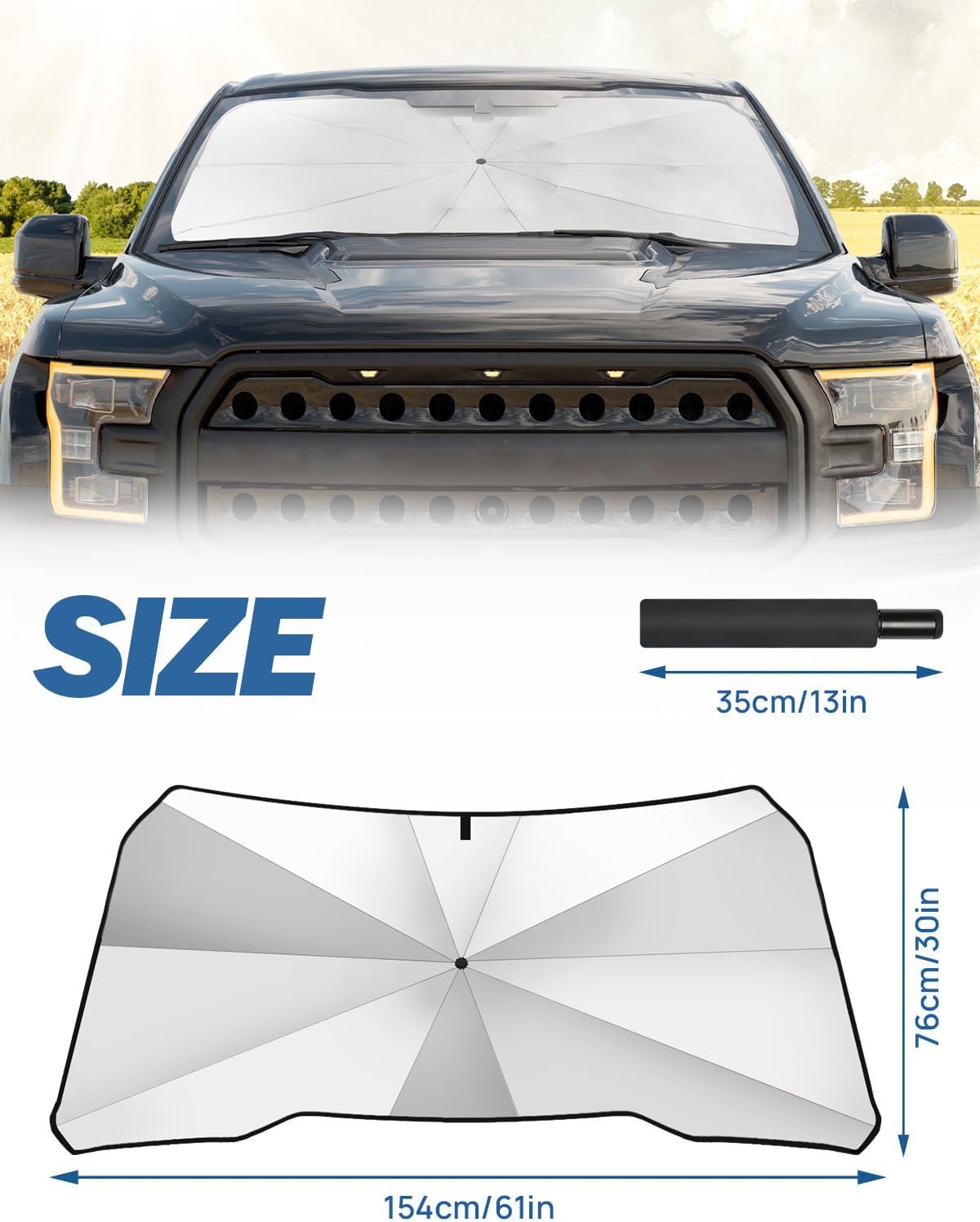 JOYTUTUS Windshield Sun Shade Umbrella, Fit for Ford 2015-2025 F150 F250 F350, with 360° Rotation Bendable Shaft, Titanium Silver Coating for UV Ray Block, Car Front Window Sun Shade Keep the Car Cool