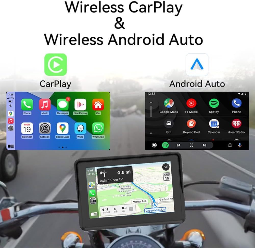 12V-24V 5-inch Waterproof Motorcycle GPS Navigation System with Wireless CarPlay/Android Auto/HiCar Wi-Fi Bluetooth FM Linux Operating System