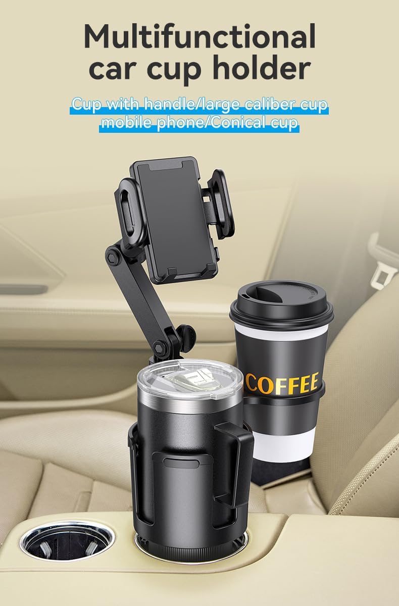Car Phone Holder with Cup Holder Mount, 2 in 1 Universal Cup Holder Expander Adjustable Base with Phone Mount, Long Adjustable Arm with 360°Rotation Cup Holder ，Compatible with All Smartphones，Black
