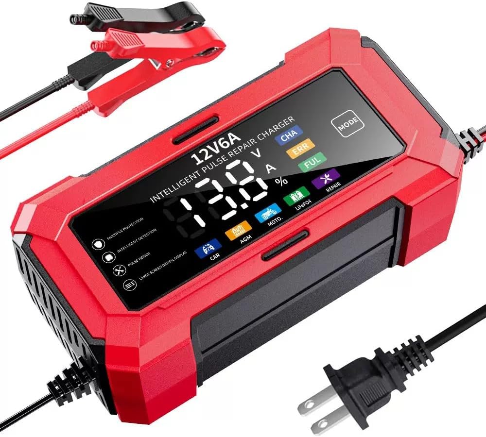 6 Amp Battery Charger, 12V Automatic Smart Battery Trickle Charger, Battery Maintainer Desulfator with Temperature Compensation for Car Truck Motorcycle Lawn Mower Marine
