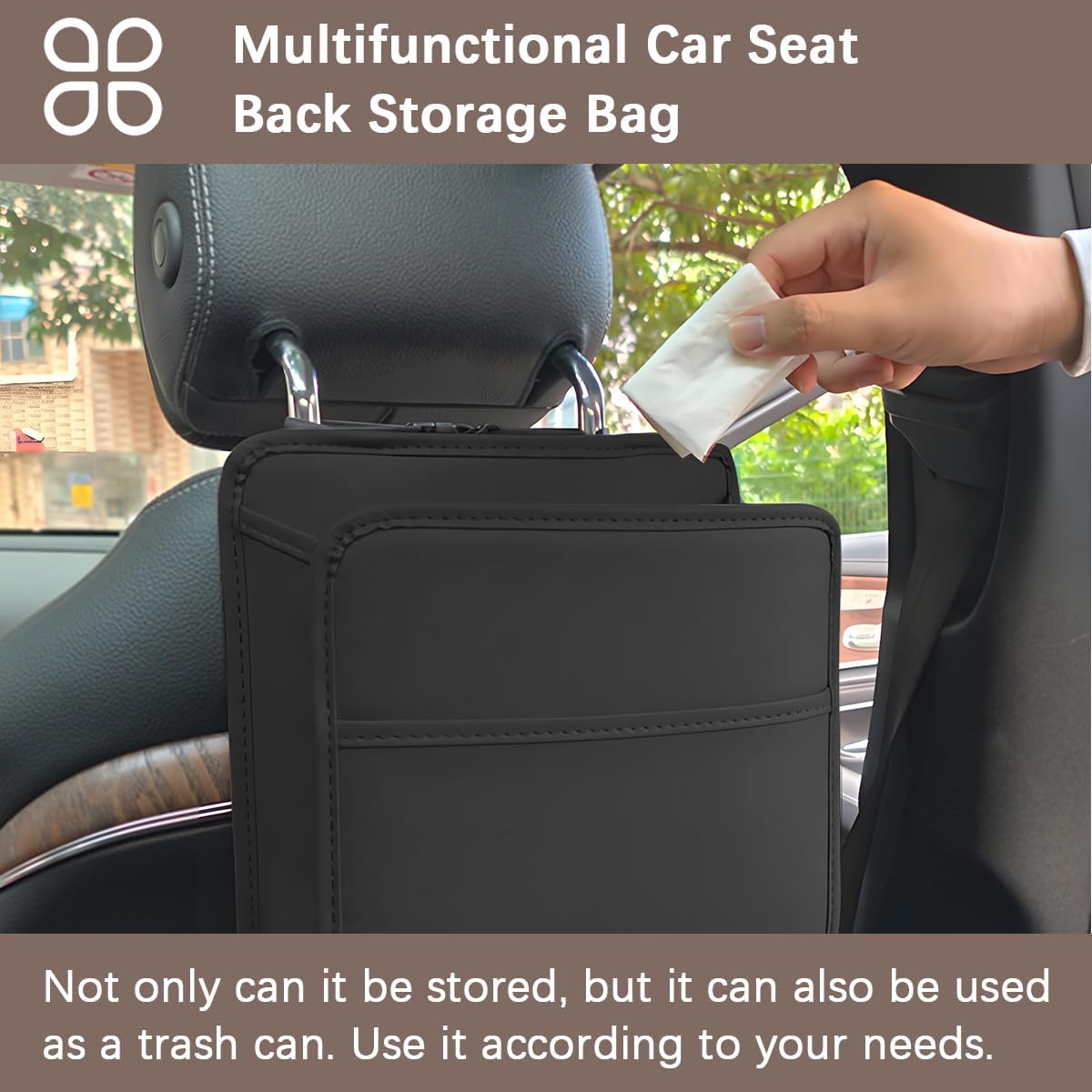 Zpana Car Seat Back Organizer, Leather Multipurpose Hanging Vehicle Backseat Headrest Storage Bag, Automotive Pouch Pocket Organizer for Kids & Adults, Universal for Truck SUV Sedan (Black)