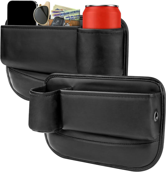 2PCS Black Leather Seat Gap Filler Organizer, Front Seat Gap Storage Box with Cup Holder and Charging Hole, Car Organizer for Phone, Keys, Sunglasses and Drink, Universal Fit Left and Right Side