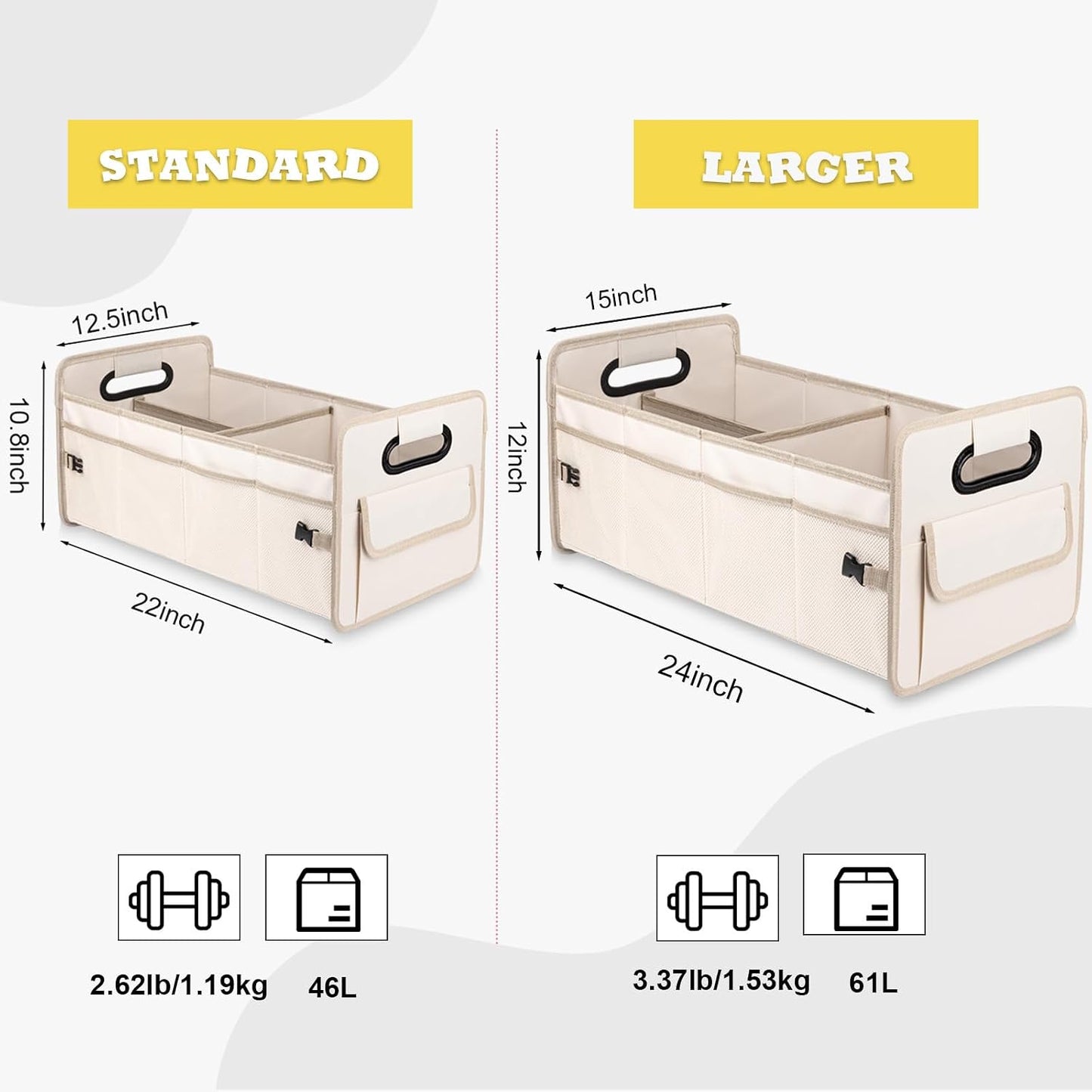 JiatuA Car Trunk Organizer, Car Organizers and Storage Collapsible Multi Compartment Container Box, Adjustable Car Accessories for SUV Sedan Truck, Standard Size, Beige