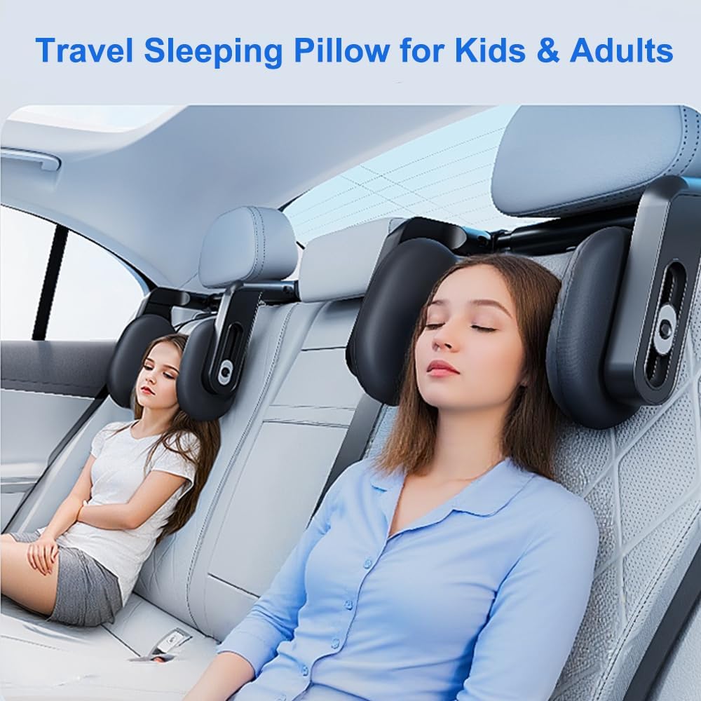 Car Headrest Pillow with Hook, Adjustable Car Seat Neck Support with Memory Foam &amp; Ice Silk, 360° Rotating Travel Sleeping Headrest for Kids &amp; Adults (1 Eye Mask Included)