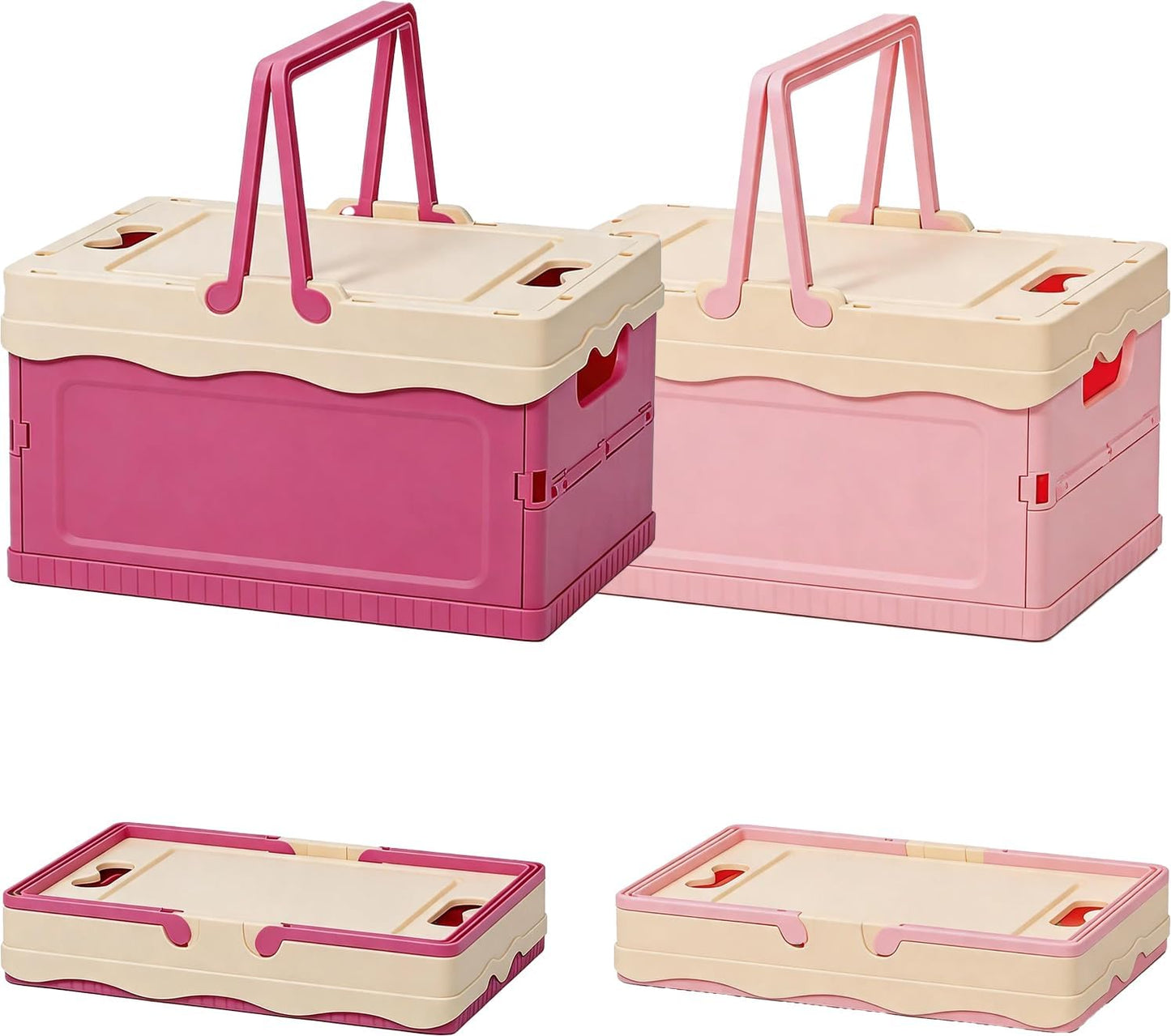 Pink Storage Bins with Lids, Foldable Storage Basket, Collapsible Plastic Organizer Bin with Handle, Portable Stackable Container for Home, Kitchen, Bedroom, Office, Car, Picnic
