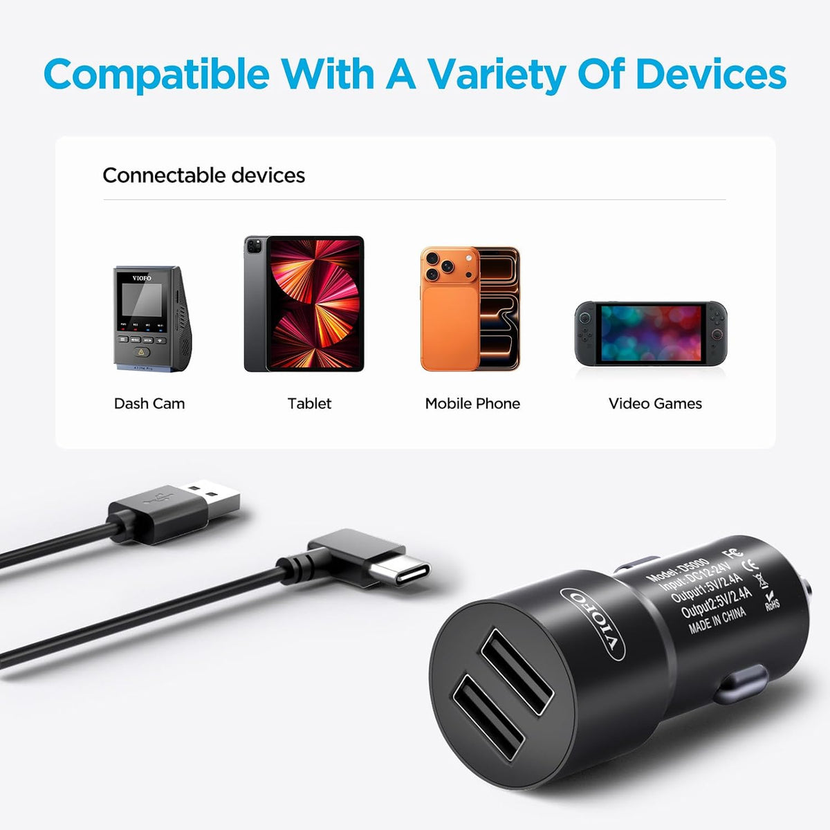 VIOFO D5000 Type-C USB Cigarette Charger with 11.4ft(3.5M) Power Cable