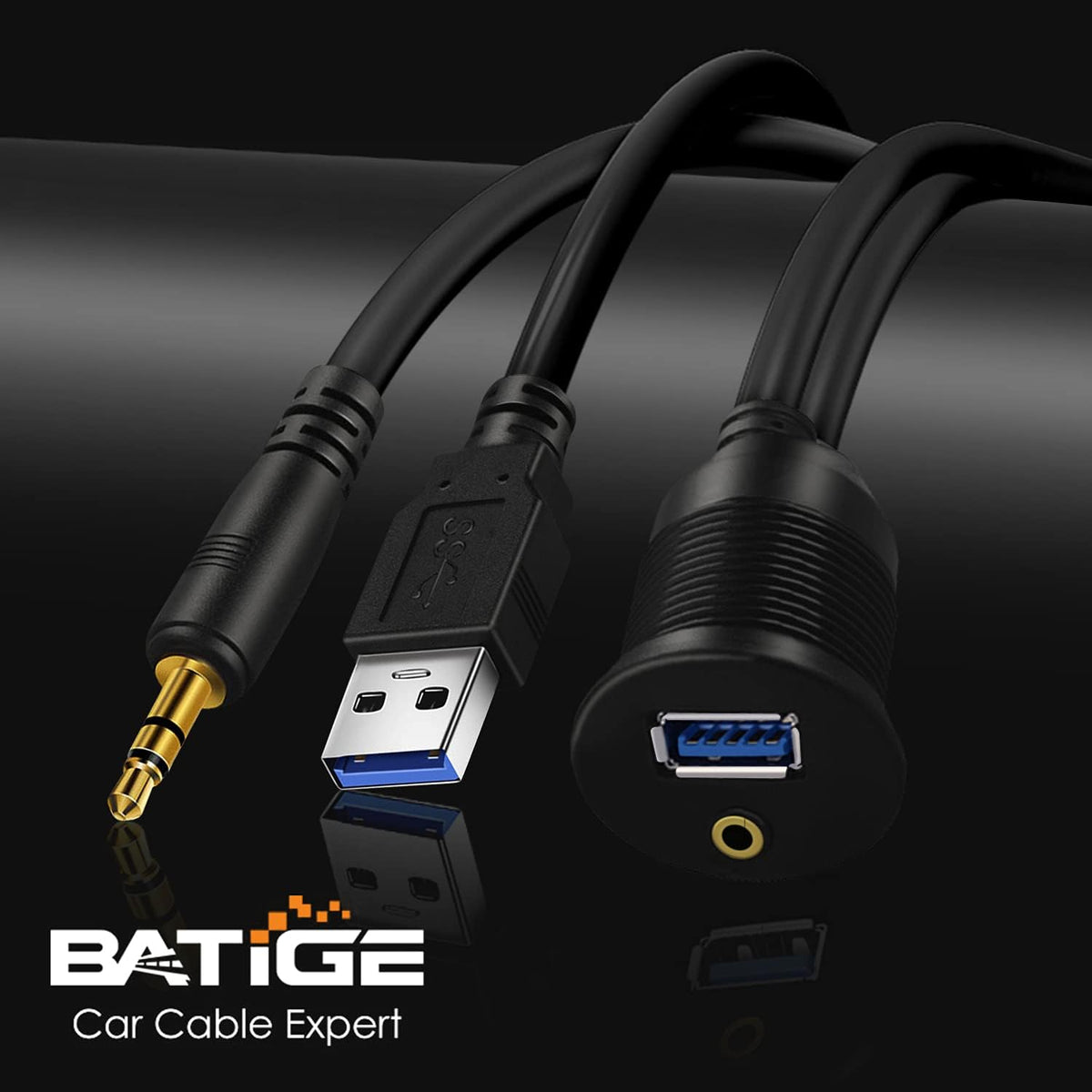 USB 3.0 & 3.5mm Car Mount Flush Cable 3.5mm + USB3.0 AUX Extension Dash Panel Waterproof Mount Cable for Car Boat and Motorcycle - 6ft