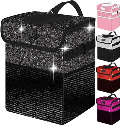 Cute Mini Car Trash Bag with Lid, Glitter Garbage Can Bin Hanging for Back/Front Seat/Console, Waterproof, Leakproof, 2.5 Gallon, Black Bling Sparkly