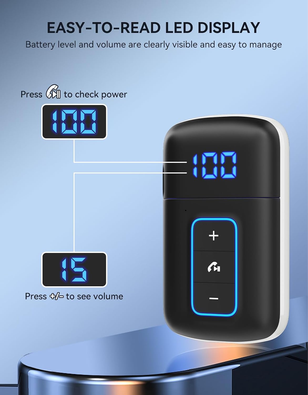Bluetooth 5.3 AUX Receiver for Car, LED Screen, Noise Cancelling