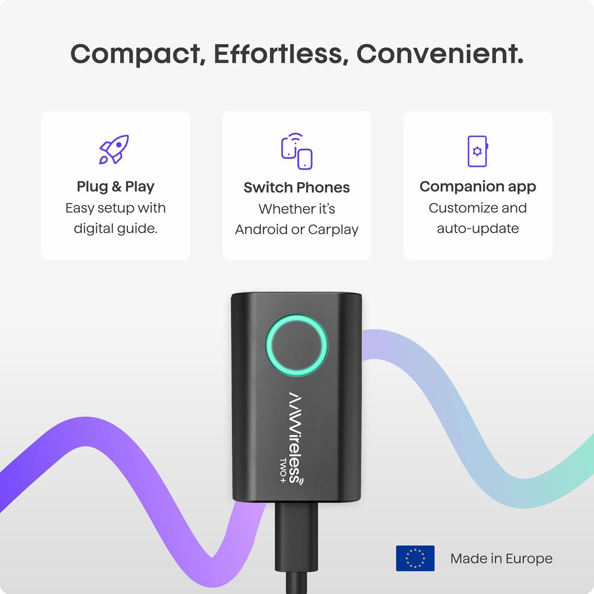 AAWireless TWO+ Compatible with Android Auto & Apple Carplay 2-in-1 Wireless Adapter | Wireless Connection via Bluetooth & WiFi | iPhone X+ & Android 11+ | Multifunctional Button | Made in Europe