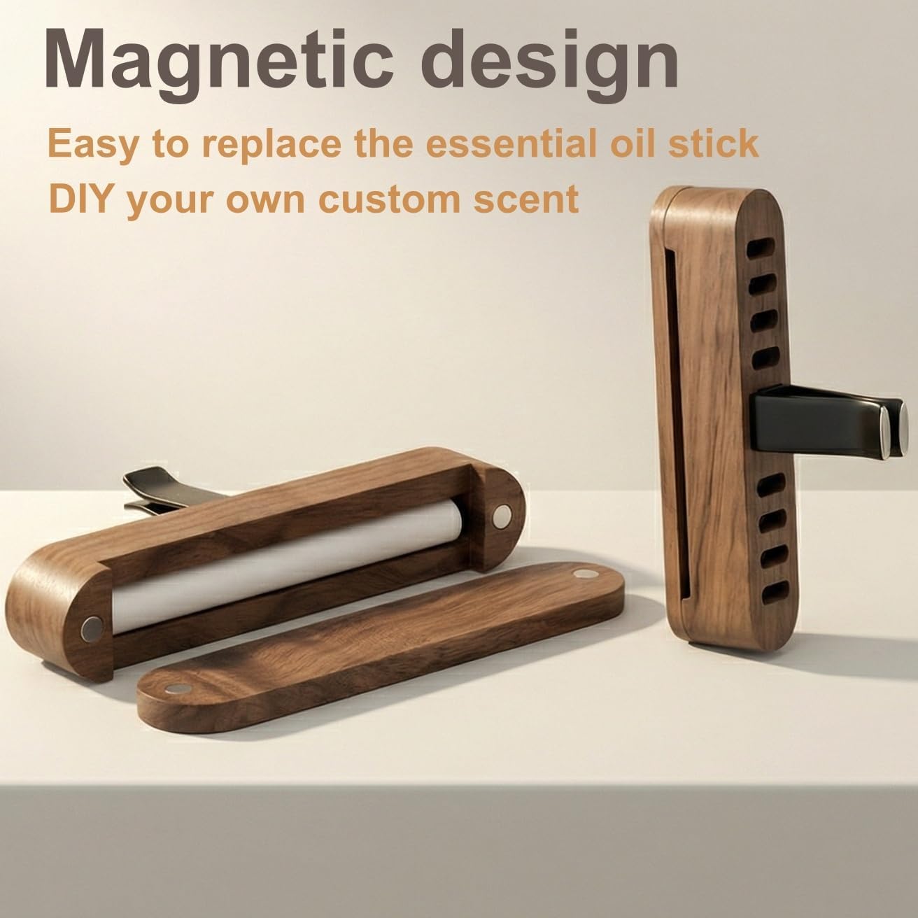 2 PCS Car Essential Oil Diffuser Vent Clip, Wooden Aromatherapy Diffuser with 10 Unscented Refill Fiber Sticks, Reusable Custom Scent Car Air Freshener, Premium Car Interior Accessories