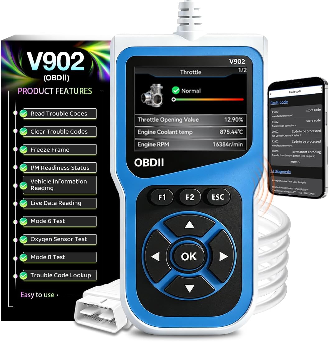 V902 OBD2 Scanner with AI Diagnostic Report, Car Code Reader, 2.8" HD Color Screen, 10 Full Diagnostic Modes, Read/Clear Fault Codes, Compatible with All 1996+ Cars, Trucks, SUVs, RVs
