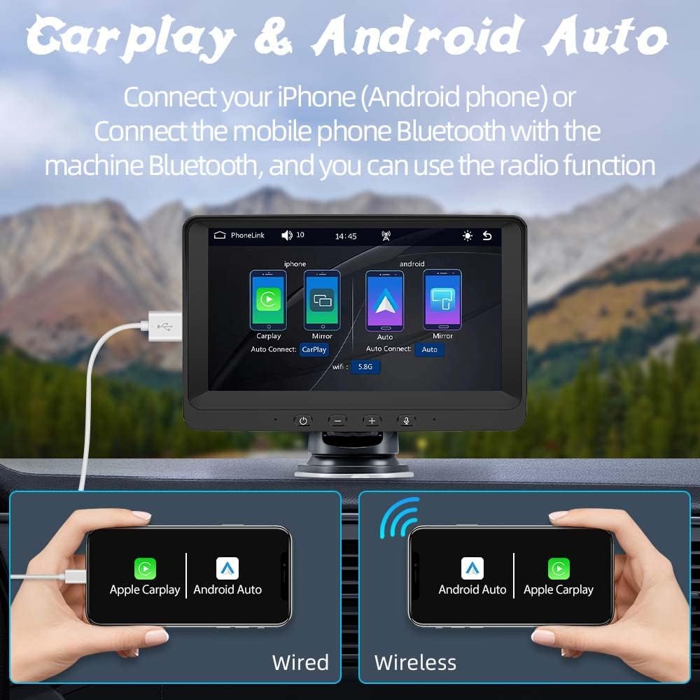 Portable Car Radio Compatible with Carplay and Android Auto 7 Inch IPS Touchscreen Car Stereo Bluetooth Hands-Free/Mirror Link, FM Transmitter, with Backup Camera