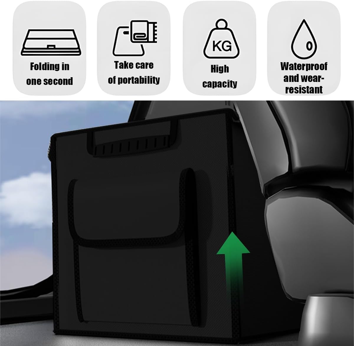 Car Trunk Organizer, Multi-Compartment Collapsible Vehicle Cargo Storage Organizer with Lid, Non Slip Waterproof Storage Box with Reinforced Handles, Universal Automotive Accessories (Black)