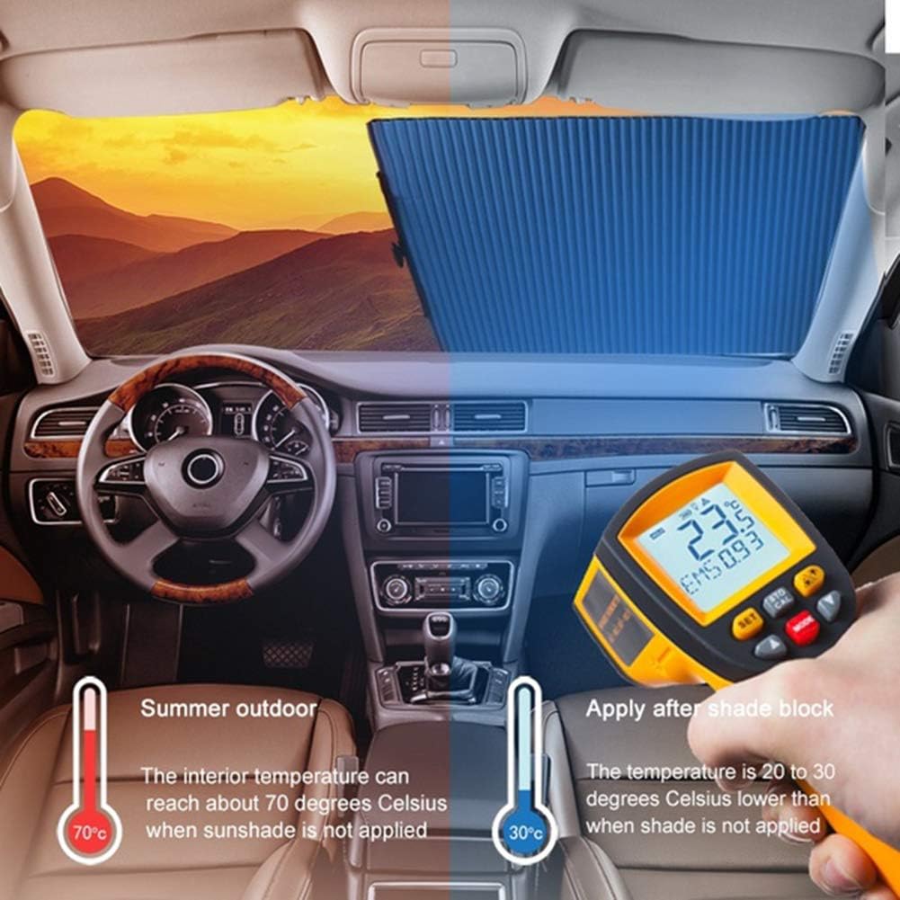 Retractable Windshield Sun Shade for Car, Cordless Cellular Sun Visor Protector Blocks 99% UV Rays to Keep The Vehicle Cool, Honeycomb Sunshade Fits Various Models with 3 Suction Cups (65CM/25.6IN)