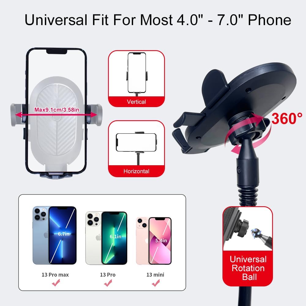 JINKEY Dual Cup Holder Phone Mount for Car，2-in-1 Adjustable Gooseneck Cradle with 360° Rotation Heavy Duty Universal Automobile Stand for Most 4"-6.7" i-Phone Mobile-Phone Holder
