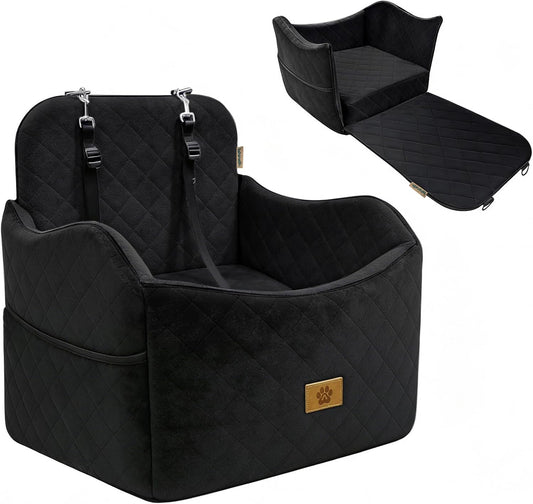 Dog Car Seat for Small/Medium Dogs Up to 35 lbs, 2-in-1 Pet Car Seat with Memory Foam, Machine Washable Dog Bed for Cars, Non-Slip Pet Booster Carseat with Safety Leashes, Storage Pockets (Black)