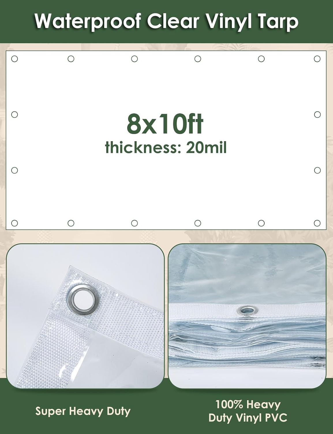 20 Mil Heavy Duty Clear PVC Tarpaulins 8 x 10 FT, Waterproof Wind-Proof Transparent Vinyl Tarp for Patio Pergola Garden Canopy Rainproof Anti-Tear PVC Thick Cover with Grommets (8 x 10 FT)