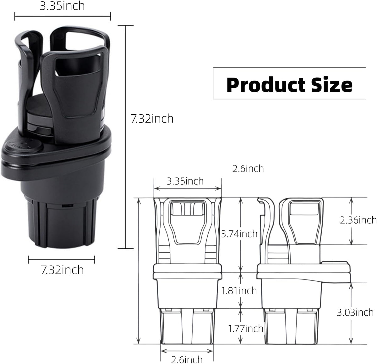 Car Cup Holder Expander, Black, 7.32 x 3.35 Inch