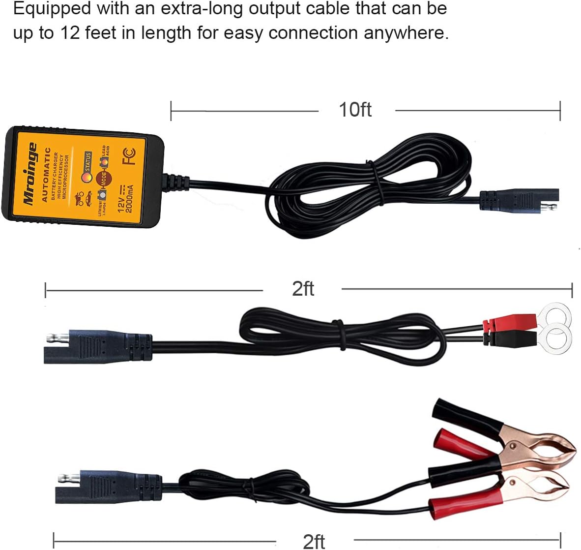 Mroinge MBC022, 12V 2A Lead Acid & Lithium(LiFePO4) Automatic Trickle Battery Charger Smart Battery Maintainer for Car Motorcycle Lawn Mower Boat ATV SLA AGM Gel Lithium(LiFePO4) and More Batteries