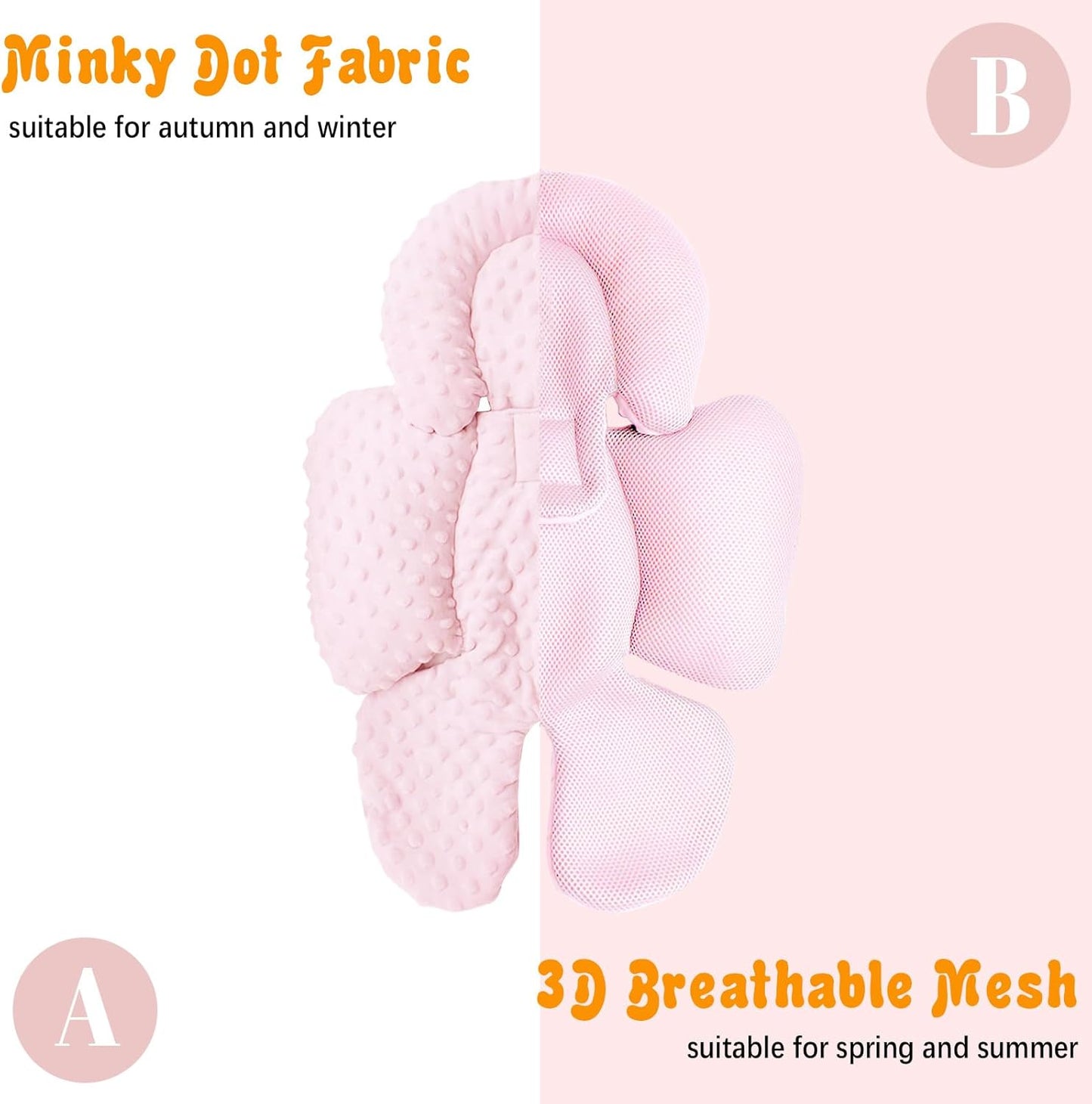 KAKIBLIN Infant Car Seat Insert, Carseat Head Insert & Body Support for Newborn, 2-in-1 Reversible Newborn Car Seat Cushion, Soft Stroller Insert for Car Seats, Bouncer, Strollers, Swing (Pink)