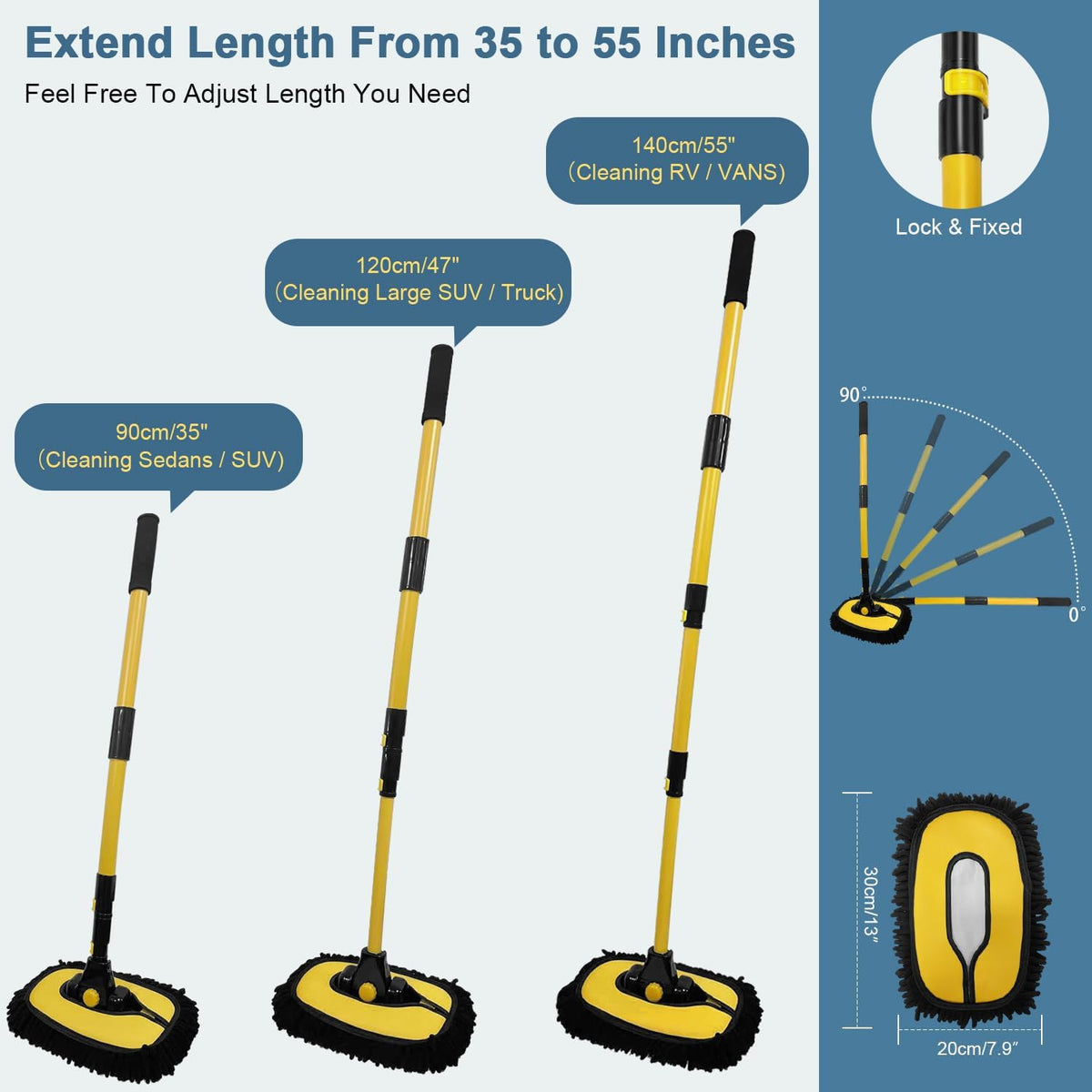 YeewayVeh Car Wash Brush Mop, 55" Long Handle, 15° Curved, Yellow & Black