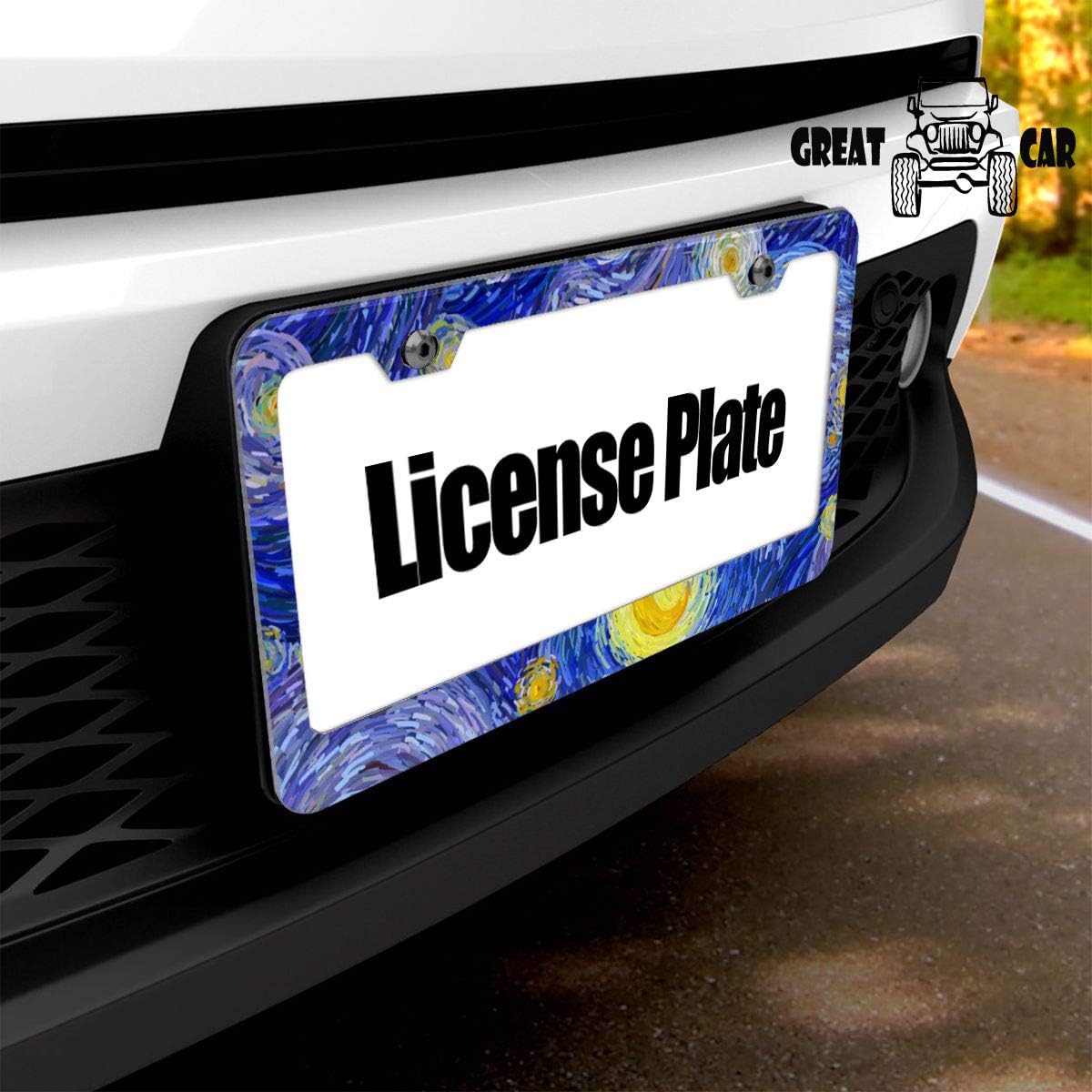 Starry Night License Plate Frame Print Auto Tag Frames Art Oil Painting License Plates Holder 2 Holes Decorative Car Plates Cover Blue for Men Women
