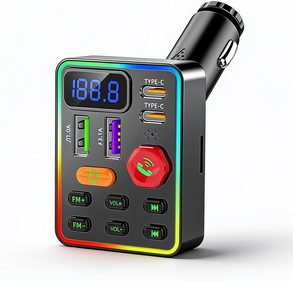 Zunate Car Bluetooth Adapter FM Transmitter with Large Digital Display, USB Type C and USB Fast Charging Car Charger, MP3 Music Stereo Sound Player Radio Adapter for 12V 24V Vehicles
