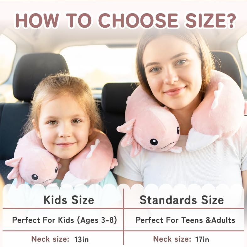 Niuniu Daddy Pink Axolotl Kids Travel Neck Pillow (3-8 Y/O), Memory Foam Toddler Pillows for Head &amp; Chin Support, Cute Sleeping Essentials for Car Seat, Airplane, Stroller and Long Road Trip