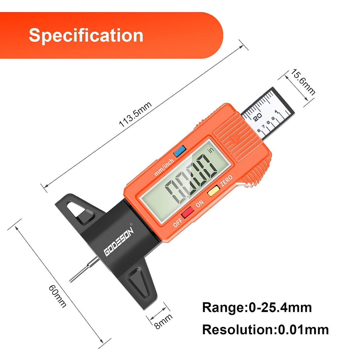 GODESON Tire Tread Depth Gauge - Large LCD Display/Zero Reset,1 Inch/25.4 mm Digital Tire Depth Gauge,Orange Tread Depth Gauge Fit for Trucks, Cars, Motorcycles