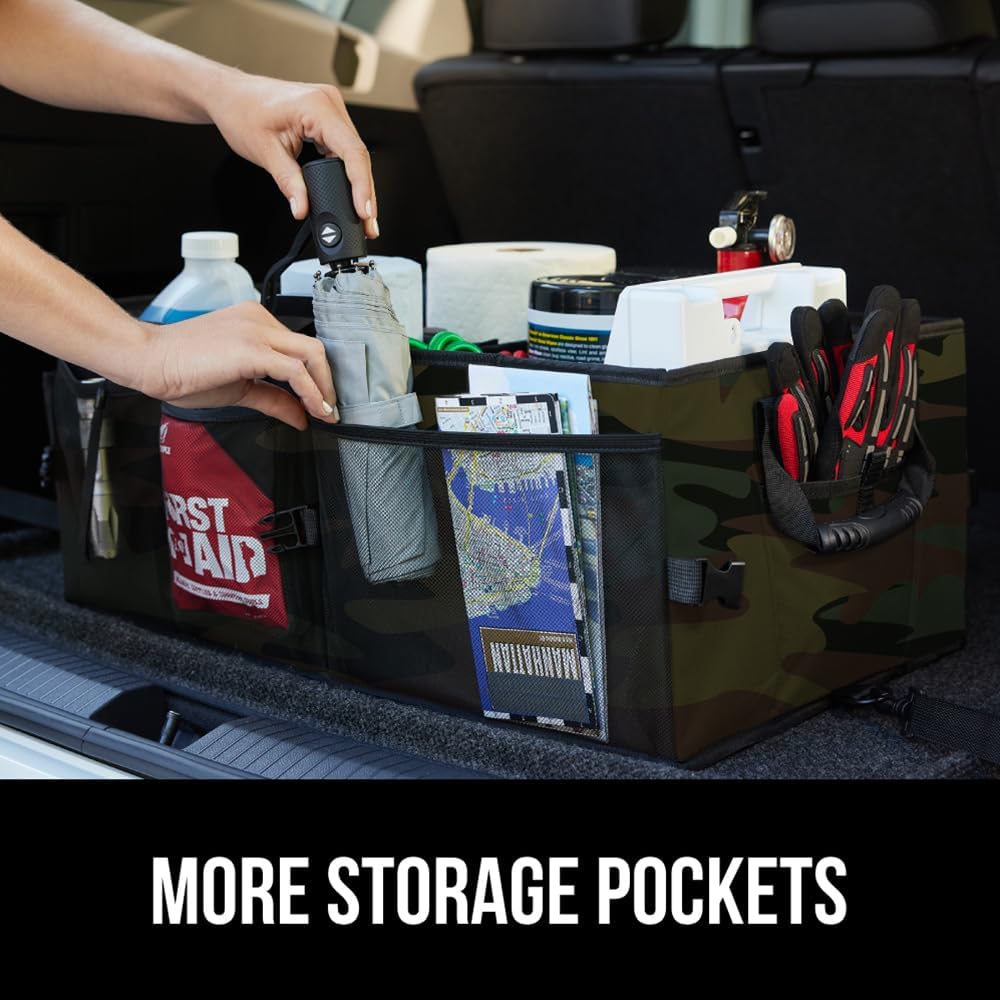 GORILLA GRIP Trunk Organizer for SUV and Cars, Large Capacity Collapsible Car Trunk Storage Organizer, Heavy Duty Car Accessories, Gifts for Mom and Dad, Slip & Water Resistant Multi Compartment, Camo