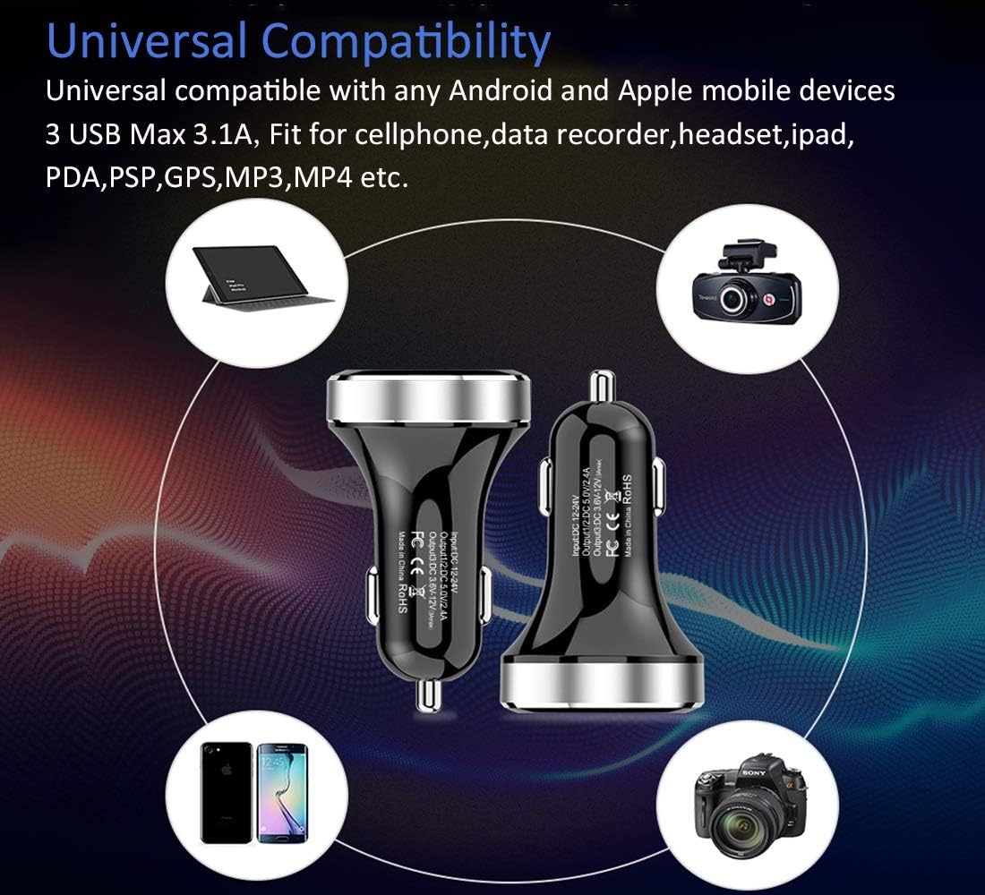 LIHAN 3 USB Car Charger,12V/24V Voltage Meter, Silver