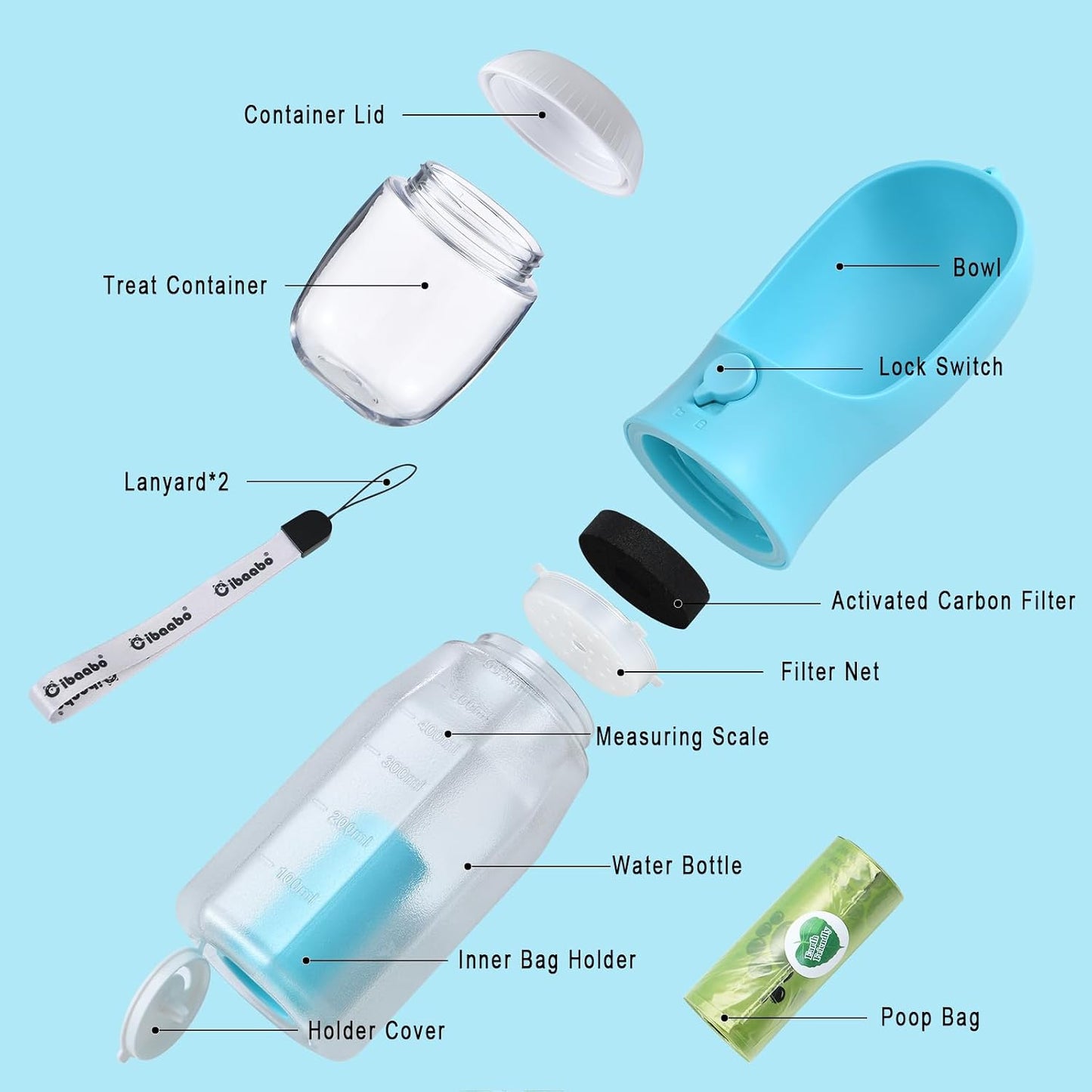 Cibaabo Dog Water Bottle with Food Container &amp; Poop Bag Holder &amp; Filter | Travel Water Bowl, Portable Pet Dispenser, Dog Gifts, Puppy Essentials for Walking Hiking